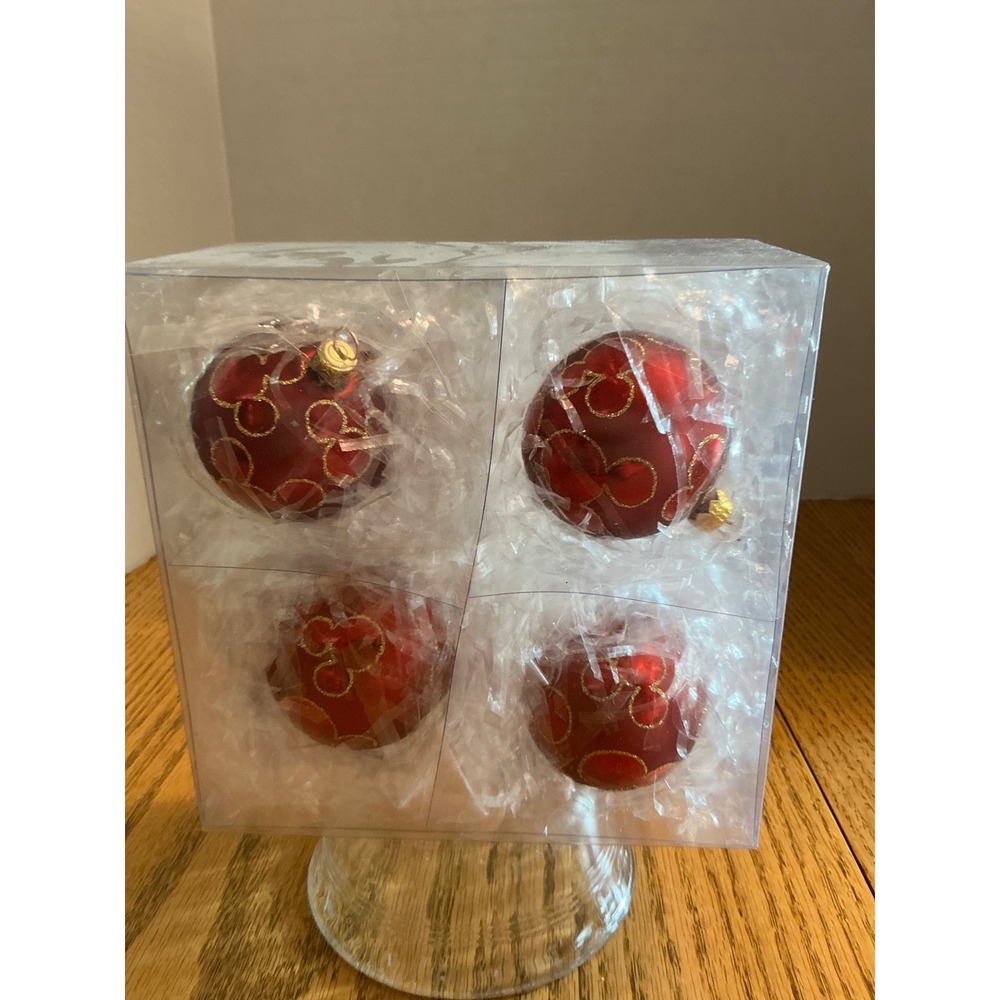 Disney Parks Red Glass Mickey Mouse Glitter Ornaments Set of 4 Made in Poland